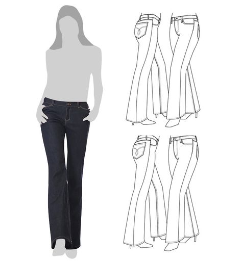 Sewing Pattern for women’s flared leg, boot cut stretch jeans. Low and mid-rise options. Zip fly with button closure. Back yoke. Waistband. Belt loops. Front slash pockets and back patch pockets. Low Rise Jeans Sewing Pattern, Sewing Jeans Pattern, Low Waisted Baggy Jeans, Sewing Pattern Pants, Jeans Sewing Pattern, Sewing Pattern Women, Altering Jeans, Jeans Sewing, Sewing Pattern Free