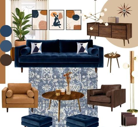 Transitional Living Room Blue Couch, Navy Sofa Boho Living Room, Navy Brown And Grey Living Room, Blue Wall Brown Couch, Navy Blue And Cognac Living Room, Mid Century Modern Living Room Blue Sofa, Blue Suede Couch Living Rooms, Living Room Designs Blue Sofa, Styling A Blue Couch