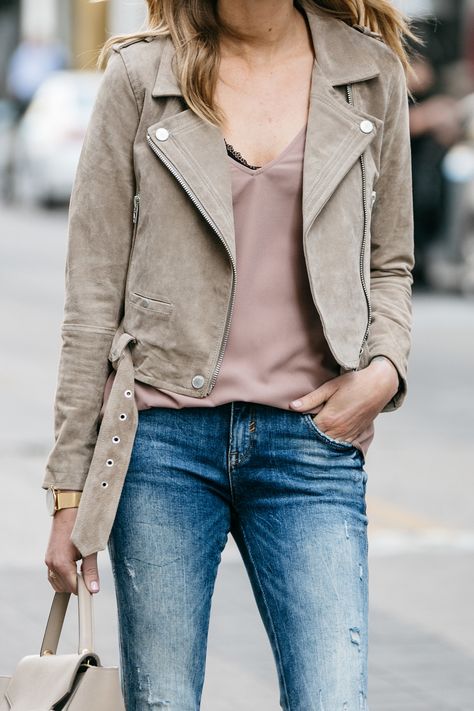 Fashion Jackson, Street Style, Blanknyc Tan Suede Moto Jacket, Blush Cami, Denim Ripped Skinny Jeans, Black Lace Bralette Tan Suede Moto Jacket, Black Jacket Outfit, Moto Jacket Outfit, Blanknyc Suede Moto Jacket, Beige Leather Jacket, Suede Moto Jacket, Fashion Jackson, Black Lace Bralette, 1 Rose