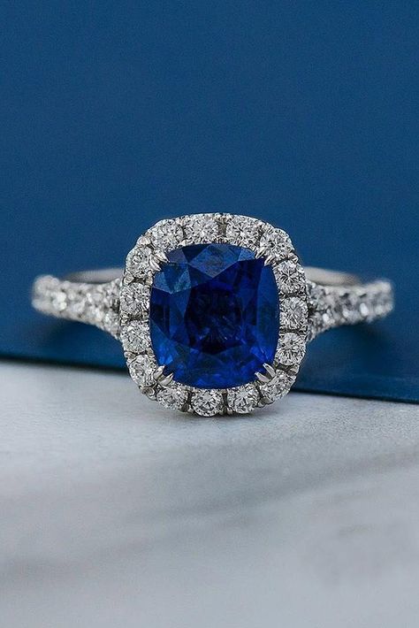 30 Vivid Sapphire Engagement Rings | Wedding Forward Engagement Rings Halo, Sapphire Engagement Ring Halo, Engagement Ring Pictures, Rings Sapphire, Sapphire Engagement Rings, Blue Engagement Ring, Future Engagement Rings, Handmade Jewelry Ring, Best Engagement Rings