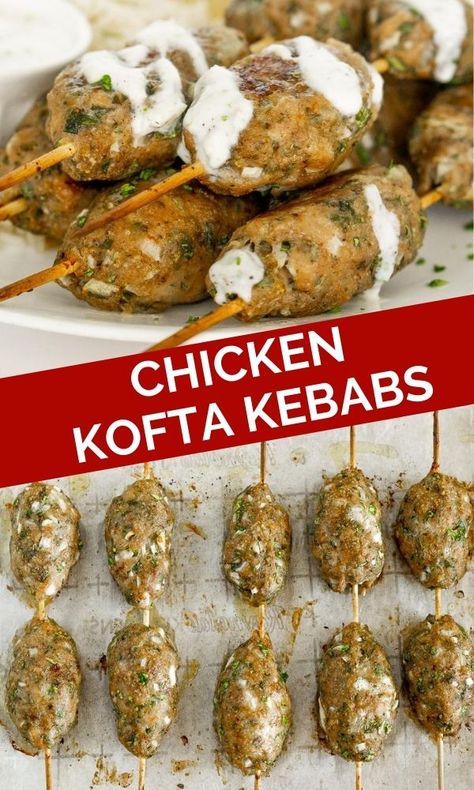 Lebanese Meatballs Recipes, Chicken Kefta Kabobs, Ground Chicken Kofta, Middle Eastern Kebab Recipes, Chicken Kafta Kabob, Kofta Recipe Chicken, Mediterranean Ground Chicken Recipes, Chicken Kofta Kebab, Mince Chicken Recipes