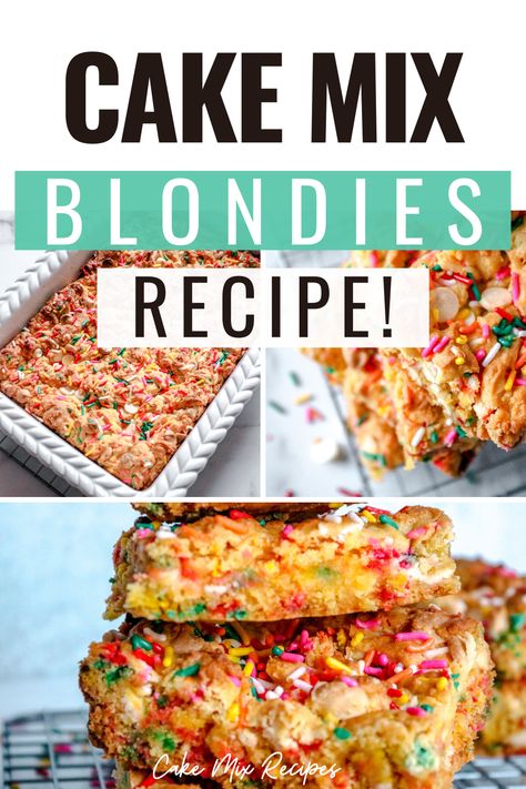 These blondies are super easy to make because the recipe starts with a simple box of cake mix and sues ingredients you likely already have in your kitchen! These blondies are fun and unique and are the easiest sweet treat to whip up in a pinch. These blondies are a great dessert to take to parties and picnics to share with family and friends, and they’re sure to be a hit! Betty Crocker White Cake Mix Recipes, Cake Mix Blondies Recipe, Cake Mix Blondies, Blondies Recipe Easy, Chocolate Blondies, Confetti Cake, Blondies Recipe, Box Cake Mix, White Cake Mixes