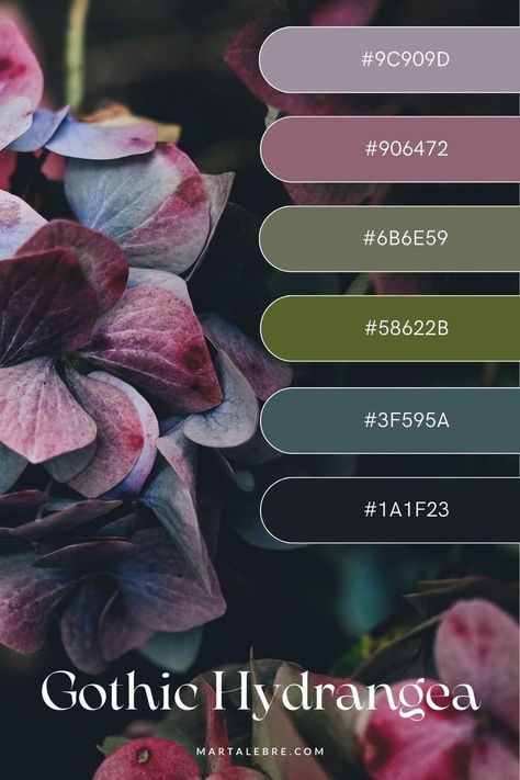 Color Pallets Dark Academia, Moody Paint Color Palette, Dark And Moody Wedding Color Palette, Muted Vintage Color Palette, Library Color Palette, Hydrangea Color Palette, Academia Color Palette, Dark Green Color Palette, Dark Academia Color Palette