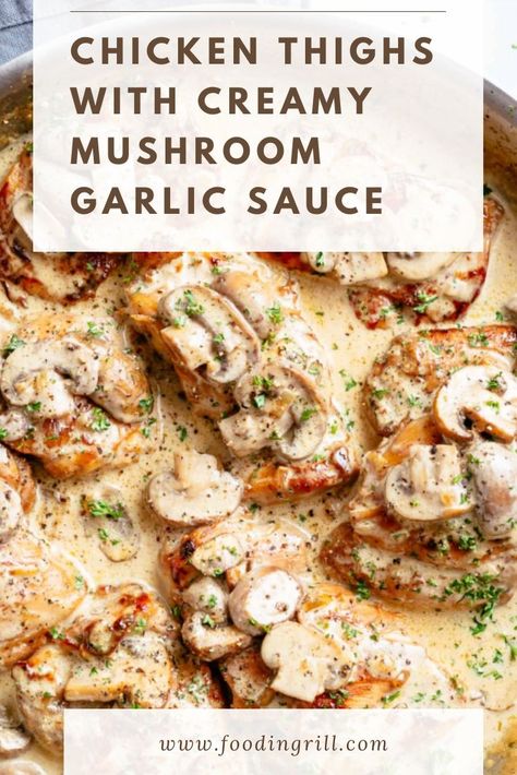 Chicken Thighs With Creamy Mushroom Garlic Sauce crispy boneless chicken thighs in a thick, creamy mushroom sauce with garlic, herbs and parmesan cheese. chicken thigh recipes With all the chicken th... Check more at https://whowhere.co/chicken-thighs-with-creamy-mushroom-garlic-sauce/ Crispy Boneless Chicken Thighs, Bird Recipes, Garlic Sauce For Chicken, Mushroom Garlic, Chicken Thigh Recipe, Frugal Cooking, Recipes Meat, Chicken Skillet, Steamed Chicken