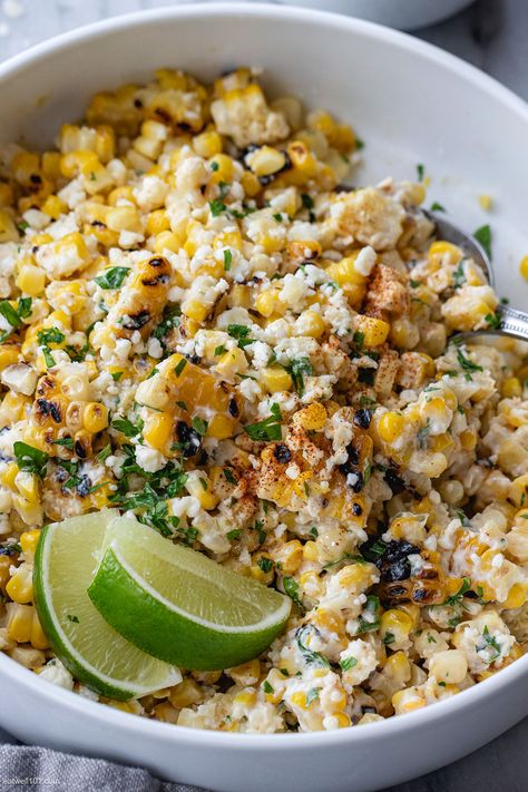 Mexican Street Corn Salad - #mexican #corn #salad #recipe #eatwell101 - This grilled mexican street corn salad salad bursts with flavors. It's a unique twist on the classic street corn recipe and the perfect side dish for your next summer get-together! - #recipe by #eatwell101® Mexican Street Corn Salad No Mayo, Potluck Corn Dishes, Mexican Side Vegetable, Side Dish For Grilling, Mexican Corn Slaw Recipe, Canned Street Corn Recipes, Best Street Corn Recipe, Me I Can Street Corn Salad, Corn Poblano Salad