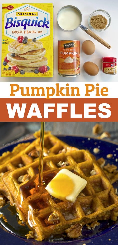 Easy Pumpkin Waffles Recipe Made With Bisquick Pancake Mix (Sweet Fall Breakfast Idea!) Pumpkin Waffles Bisquick, Bisquick Pumpkin Waffles, Pumpkin Waffles With Mix Easy, Pumpkin Pancakes With Bisquick, Pumpkin Pancakes With Mix Easy, Pancake Mix Recipe Ideas, Pumpkin Pie Waffles, Lazy Dish, Pumpkin Pancakes Recipe