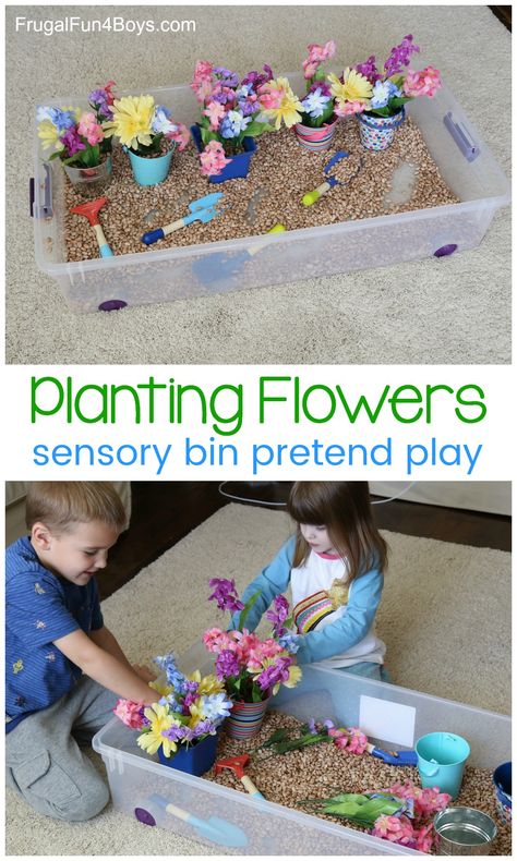 Planting Flowers Sensory Bin - Pretend play idea for preschoolers, great fine motor practice #spring #kidsactivities #preschool #sensorybin Aktiviti Prasekolah, Fine Motor Practice, Maluchy Montessori, Aktiviti Kanak-kanak, Toddler Sensory, Spring Preschool, Aktivitas Montessori, Toddler Snacks, Kids Sensory