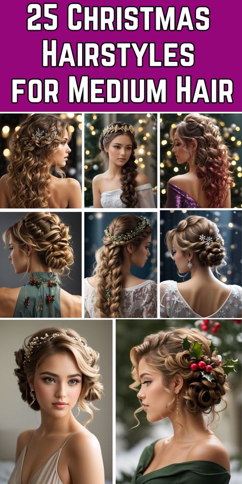 25 Christmas Hairstyles for Medium Hair Christmas Party Updo Medium Hair, Wedding Elegant Hairstyles, Medium Length Hair Formal Styles, Elegant Christmas Hairstyles, Medium Length Hair Styles For Christmas, Repunzal Hairstyles, Christmas Updos For Medium Length Hair, Hairstyles For Long Length Hair Wedding, Christmas Updo Party Hair