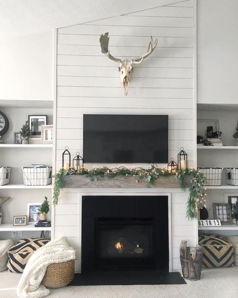 ❤️ fireplace goes up to ceiling. ❤️ hearth as a solid piece and in location of existing fp. 👎🏻tv over fireplace. Tv Over Fireplace, Fireplace Redo, Before And After Pics, Fireplace Mantle Decor, Fireplace Tv Wall, Shiplap Fireplace, Farmhouse Fireplace, Fireplace Remodel, Home Fireplace