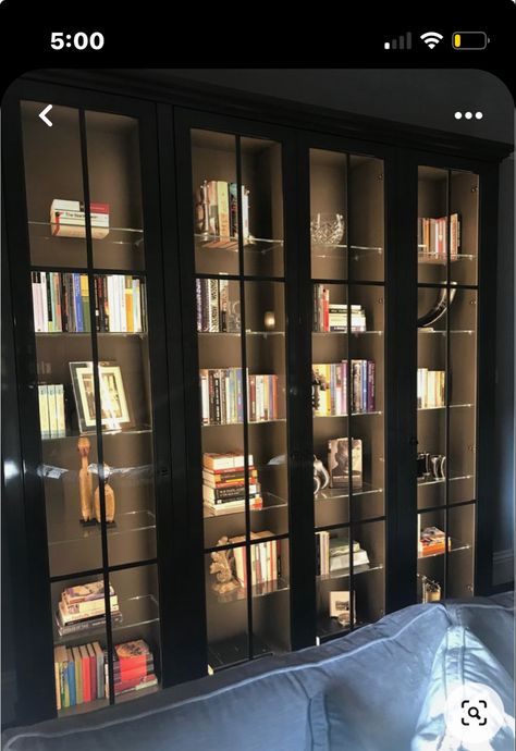 Glass Library Bookshelves, Book Shelves With Glass Doors, Contemporary Bookshelves, Either Side Of Fireplace, Modern Bookcase Design, Luxury Home Library, Glass Bookshelf, Library Room Design, Side Of Fireplace