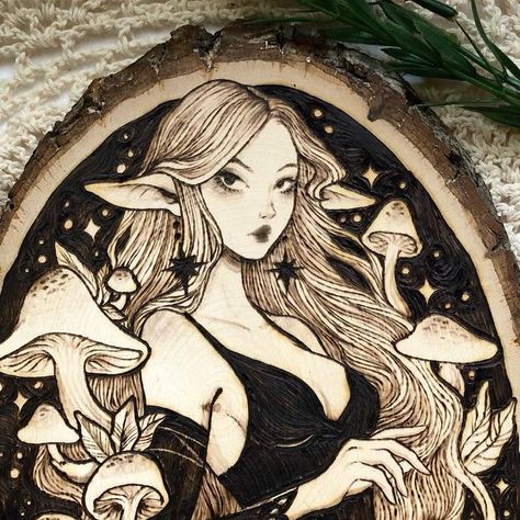 grave on Instagram: "sort of a sister piece to my other mushroom girlie hehe ❤️ . . . . . #pyrography #woodburning #cozyart #natureart" Woodburning Mushroom, Beginner Wood Burning Pattern, Wood Etching, Woodburning Art, Pyrography Ideas, Beginner Wood Burning, Pyrography Designs, Mushroom Pictures, Lino Art