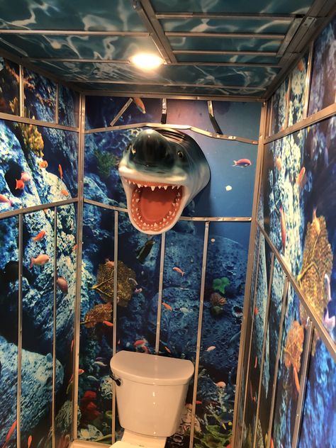 Under Water Bathroom Theme, Shark House Decor, Shark Bedroom Decor, Shark Themed Bathroom, Jaws Bathroom, Fish Themed Bathroom, Ocean Bathroom Theme, Shark Theme Room, Under The Sea Bathroom Ideas