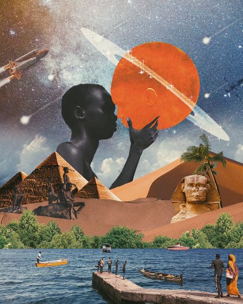 Afro Future Art, Afrosurrealism Photography, Afro Futurism Graphic Design, Black Surrealism Art, Mixed Media Digital Art, Afrofuturism Collage, Afrofuturism Art Black Women, Afrofuturism Art Illustrations, African Art Aesthetic