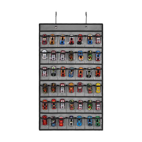 PRICES MAY VARY. Wall mounted hanging toy cars storage organizer with 28" L x 16.5" W, comes with 2 metal hooks that let it hang over the door of living room, minimum space occupancy. It is foldable to be kept when not used. Matchbox cars holder has 42 clear pockets with 3.15" L x 2.36" W, total 42 toy cars can be held, good visual on all items, easily see and pick the cars that children want to play. Toy cars wheels protector case keeps the 1:64 scale toy wheels cars in place all the time, prev Toy Car Storage Ideas, Matchbox Car Storage, Matchbox Cars Display, Cars Storage, Toy Car Display, Car Themed Rooms, Car Room Decor, Hot Wheels Storage, Toy Car Storage