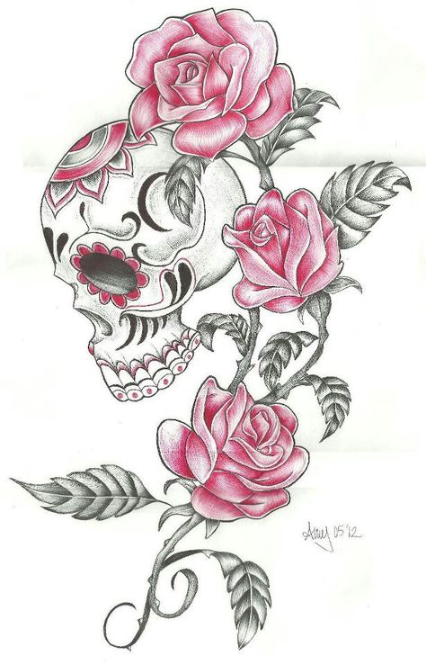 Thigh Tattoo Pretty Skull Tattoos, Girly Skull Tattoos, Skull Thigh Tattoos, Feminine Skull Tattoos, 10 Tattoo, Skull Girl Tattoo, Roses Tattoo, Sugar Skull Tattoos, Skull Tattoo Design