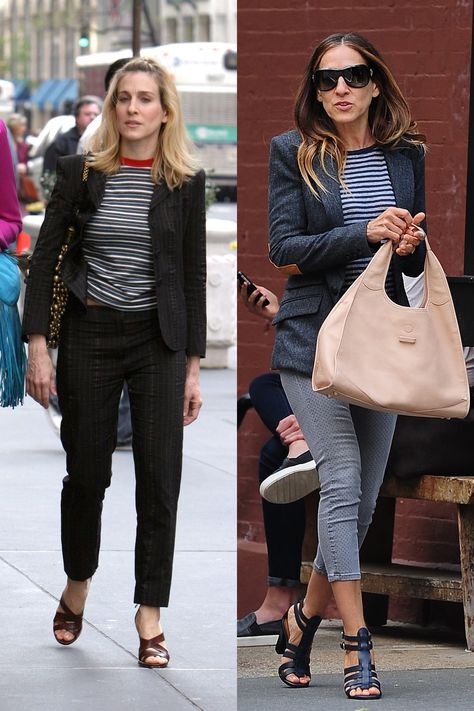 Love the bag, 50 Times Sarah Jessica Parker Dressed Like Carrie Bradshaw in Real Life  - MarieClaire.com Sarah Jessica Parker Street Style, Pantalones Boyfriend, Parisian Stripes, Sarah Jessica Parker Style, Sara Jessica Parker, Carrie Bradshaw Style, Carrie Bradshaw Outfits, Parker Outfit, Colour Season