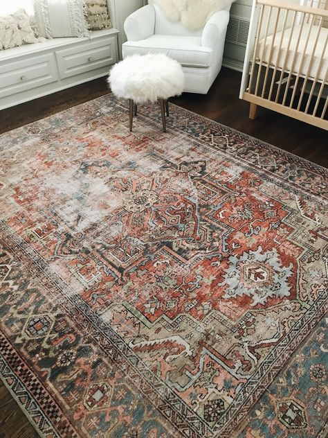 Pink rug in nursery Vintage Modern Rug Living Room, Light Rug On Dark Wood Floor, 10x12 Area Rugs, Dark Wood Floor With Rug, Distressed Rugs In Living Room, Apartment Rug Ideas, Traditional Area Rugs In Living Room, Vintage Area Rugs In Living Room, Earth Tone Rugs Living Rooms