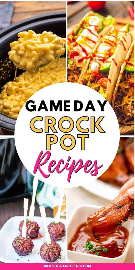 Crock Pot Game Day recipes are so easy to make and so delicious. Everything from dips, meatballs, snack mixes, sandwiches, chili and more. The best recipes for watching the football game with family and friends. Everyone will love these easy recipes. Crock Pot Recipes For Football Games, Easy Meals For Football Sunday, Comfort Party Food, Football Season Snacks Parties Food, Football Game Foods Easy, Sunday Snacks Football, Best Crockpot Sandwich Recipes, Soups For Football Party, Gameday Recipes Easy