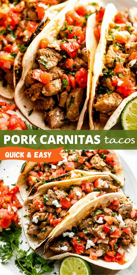 Juicy pork tenderloin is seasoned with spices and orange juice to create ultra-flavorful pork carnitas! This carnitas recipe makes the best pork tacos. Easy Pork Tacos Recipes, Pork Asada Tacos, Pork Based Meals, Pork Loin Tacos Recipes, Pork Sirloin Tacos, Crockpot Pork Fajitas, Carnitas With Pork Chops, Pork Fajitas Recipe, Authentic Mexican Pork Tacos