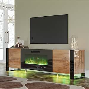 70" Fireplace TV Stand with 36" Electric Fireplace, High Gloss Entertainment Center with LED Lights, Modern Entertainment Stand for TVs up to 80", Rustic Oak&Black Led Tv Stand, Support Tv, Entertainment Stand, Fireplace Tv Stand, Tv Led, Kitchen Dinning, Modern Tv Stand, Modern Tv, Electric Fireplace