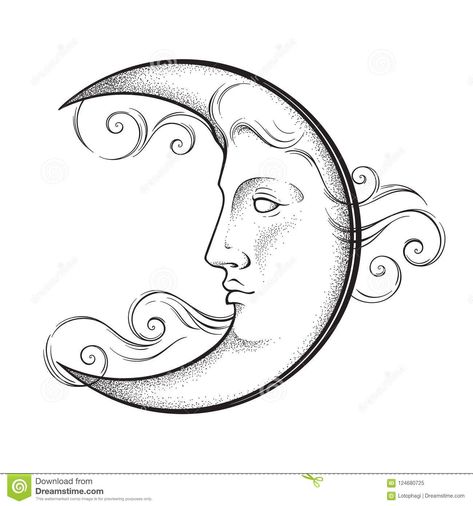 Crescent Moon With Face In Antique Style Hand Drawn Line Art And ... Moon With Face Tattoo Designs, Crescent Moon Design Art, Moon With Face Painting, Moon With Face Drawing, Lunar Drawing, Crescent Moon Face Tattoo, Moon Face Drawing, Moon With Face Tattoo, Moon Line Drawing