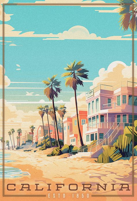 Beach scene with housed to the right and the beach to the left, blue sky with a few clouds, the title California is positioned at the bottom. Vintage California Art, California Travel Poster, Beach Landscape Illustration, Retro Beach Poster, Vintage Beach Art, La Vibes Aesthetic, Retro California Aesthetic, Vintage California Aesthetic, Retro Beach Art