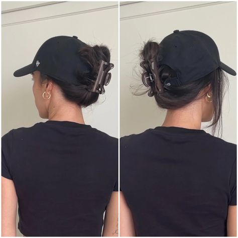 Hair Clip With Hat On, Baseball Cap Updo Hairstyles, Cap And Hairstyle, Hats And Claw Clips, Hair Up With Baseball Hat, Ball Cap And Claw Clip, Ways To Wear A Hat Baseball Caps, Hair Clip With Ball Cap, Baseball Hat And Claw Clip