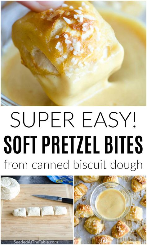 Soft Pretzel Recipe Easy, Easy Soft Pretzel Bites, Recipe Using Canned Biscuits, Soft Pretzel Bites Recipe, Pretzel Bites Recipe, Soup Shooters, Canned Biscuit, Soft Pretzel Bites, Pretzel Bites Recipes