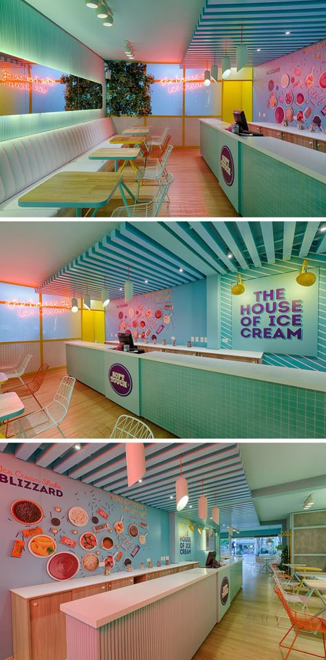 Plasma Nodo Have Designed Soft Touch, A Colorful Ice Cream Store In Colombia Business Place Design, Ice Cream Store Interior Design, Shaved Ice Shop Design, Ice Creme Shop Design, Colorful Bar Design, Cafe Interior Design Colorful, Small Ice Cream Shop Design Interior, Ice Cream Shop Interior Design Ideas, Modern Ice Cream Shop Interior Design