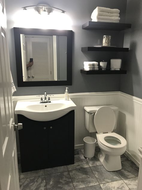 Black White Gray Small Bathroom, Black And Gray Restroom Ideas, Black And Grey Small Bathroom, Black And Gray Small Bathroom Ideas, Small Restroom Sink Ideas, Black White And Grey Bathroom Ideas Small Spaces, White Grey And Black Bathroom, Gray Restroom Ideas, Restroom Ideas Small