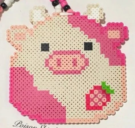 Piggy Bank Perler Beads, Squish Mallow Perler Beads, Squishmallow Melty Beads, Perler Bead Cow Pattern, Medium Perler Bead Patterns, Strawberry Cow Perler Bead, Girly Perler Bead Patterns, Pig Perler Beads, Squishmallow Kandi