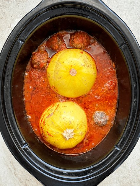 Slow cooker spaghetti squash & meatballs is healthy alternative to a classic dish. This easy recipe is low-carb, paleo & whole30 compliant! Spaghetti Squash In Slow Cooker, Slow Cooker Spaghetti Squash And Meatballs, Low Carb Fall Crockpot Recipes, Crockpot Spaghetti Squash And Meatballs, Spaghetti Squash And Meatballs Recipes, Fall Crockpot Meatballs, Fall Low Carb Crockpot Meals, Spaghetti Squash Crock Pot Slow Cooker, Spaghetti Squash Recipes Slow Cooker