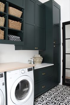 Laundry Dog Room, Black And White Laundry Room, Dark Green Cabinets, Black And White Laundry, House Of Silver Lining, The House Of Silver Lining, Perfect Laundry Room, White Laundry Rooms, Windsor House