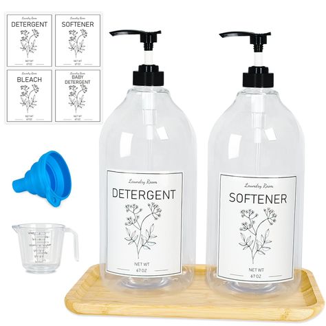 PRICES MAY VARY. Elegant Laundry Area Decor: Liven up your laundry room with our clear laundry detergent dispenser set. Come out with 2 x 67oz PET plastic bottles, 2 x black pumps, 1x bamboo tray, 1 x measure cup, 1 x silicone funnel, 4x waterproof labels (detergent, softener, bleach, baby detergent). Easy to Assemble & Use: Sets up in minutes, both bottles are pre-attached with waterproof labels (detergent and softener), then pour detergent or softener into each bottle through the funnel. In ad Liquid Laundry Detergent Dispenser, Laundry Detergent Storage, Laundry Soap Dispenser, Softener Bottle, Laundry Detergent Container, Detergent Storage, Laundry Detergent Dispenser, Detergent Container, Liquid Laundry Soap