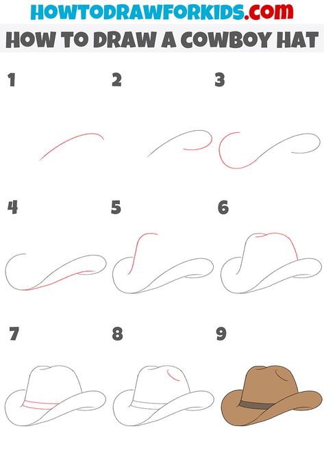 Easy Cowboy Boots Drawing, Step By Step Cowboy Hat Drawing, Cowboy Hat Sketch Easy, Drawings Of Cowboy Hats, Cowboy Hat Simple Drawing, Cowgirl Hat Drawing Easy, Easy Cowboy Hat Painting, Cowgirl Boots Drawing Easy, How To Draw A Cowboy Hat Step By Step