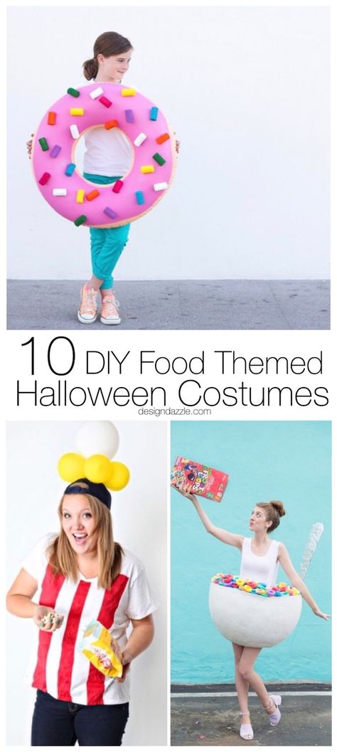 10 of my very favorite DIY food themed Halloween costumes that are cute, simple, and easy to make. You would never guess that they are homemade! | Design Dazzle Food Halloween Costumes, Meme Costume, Halloween Costume Design, Halloween Costumes For Work, Themed Halloween Costumes, Halloween Creative, Diy Costumes Women, Food Costumes, Homemade Halloween Costumes