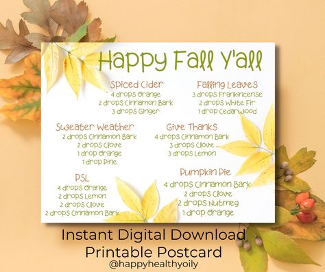 Fall Diffuser Blend Postcard Fall Leaves Essential Oils Postcard by HappyHealthyOily on Etsy Christmas Diffuser Recipes, Diffuser Blends Young Living, Christmas Diffuser Blends, Essential Oil Spray Recipes, Fall Diffuser Blends, Printable Postcards, Postcard Stamps, Spiced Cider, Diffuser Blend