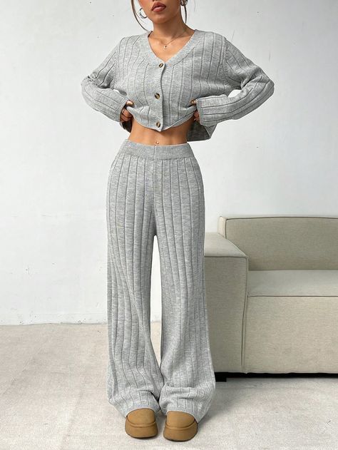 2pcs Women's Solid Color Long Sleeve Cardigan And Pants Knitted Sweater Set, Autumn Winter Grey Casual    Plain Pants Medium Stretch  Women Clothing, size features are:Bust: ,Length: ,Sleeve Length: Grey Cardigan Outfit, Outfits With Grey Cardigan, Pants Embellished, Plain Pants, Pullover Outfit, Áo Len Cardigan, Cardigan Outfits, Drop Shoulder Sweaters, Grey Cardigan