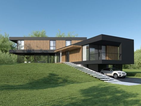 INDIVIDUAL PROJECTS - ARCHLAB Slope House Design, Sloping Lot House Plan, Exclusive House Plan, Slope House, House Architecture Styles, Modern Villas, Luxury Exterior, Contemporary House Exterior, House On Stilts