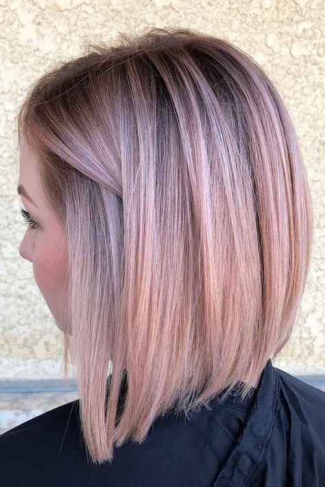 Rose Bright Bob Haircuts For Brave Girls #bobhaircut #stackedbob #haircuts #mediumhair #straighthair Haircuts For Straight Fine Hair, Pastel Pink Hair Color, Gold Hair Colors, Hair Color Rose Gold, Kadeřnické Trendy, Pastel Pink Hair, Stacked Bob Haircut, Vlasové Trendy, Angled Bob