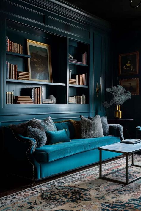 Teal color drenched room with bookshelf and sofa. Color Drenching, 2024 Interior Design, Monochromatic Interior Design, Monochromatic Aesthetic, Monochromatic Room, Blue Interior Design, Hallway Office, Flex Room, Office Colors