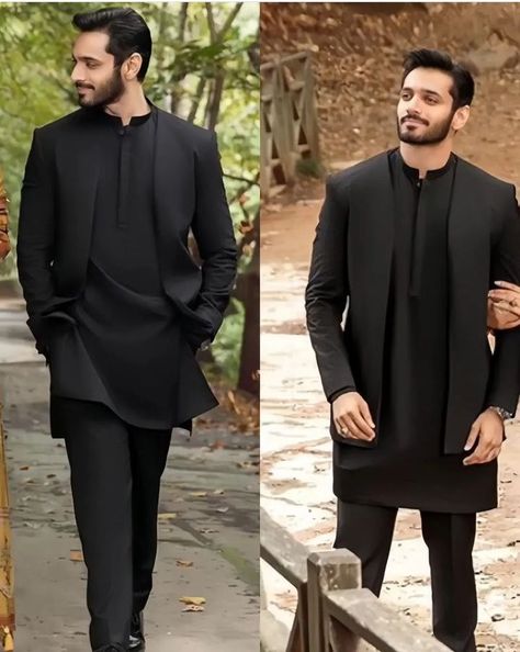 Velvet Kurta Designs Men, Stylish Kurta For Men Black, Wahaj Ali In Kurta Pajama, Gents Wedding Outfit, Shadi Dresses For Boys, Trendy Black Suits For Men, Wahaj Ali Outfits, Jotpuri Suit For Men Wedding, Sherwani New Design