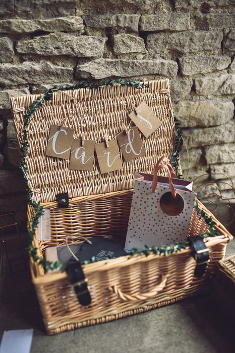 Beautiful Botanical Country Barn Wedding Filled With Greenery Wedding Cards Basket, Cards Basket Wedding, Basket For Wedding Cards, Cards Box Wedding, Wicker Wedding Decor, Card Basket Wedding, Card Basket Ideas, Basket Wedding Decor, Wedding Card Basket