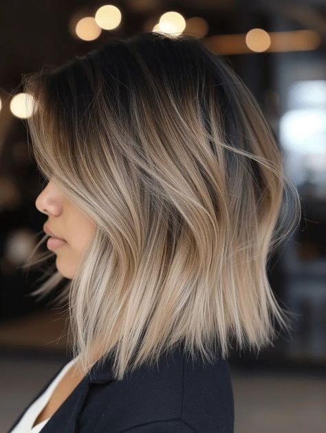 Long Bob Blonde Balayage Dark Roots, Ombré Long Bob, Short Balayage Hair Dark Roots, Blond Bob With Dark Roots, Balayage Hair Blonde Long Bob, Balayage Hair Blonde Lob, Blonde Long Bob Dark Roots, Root Melt Blonde Short Bob, Light Brown Hair Balayage Short