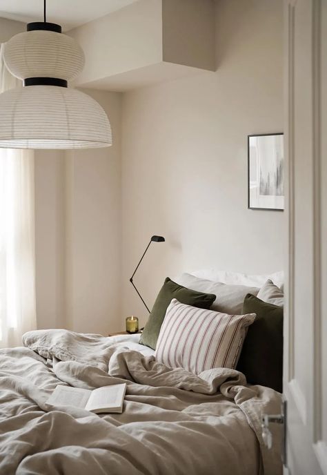 Beige Scandinavian Bedroom, Mens Neutral Bedroom, Beige Bedroom With Green Accents, White Taupe Bedroom, Taupe Bedroom Walls, White And Neutral Bedroom, Beige Green Bedroom, Cosy Small Bedroom, Green Beige Bedroom