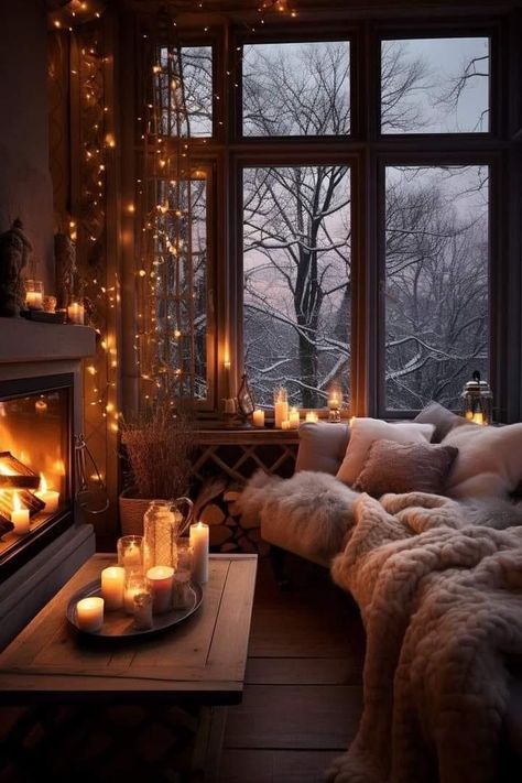 Winter Cuddles, Peaceful Room, Christmas Cosy, Cozy Christmas Living Room, Winter Living Room, Fireplace Seating, Lights Aesthetic, Modern Rustic Living Room, Winter Decorations Diy