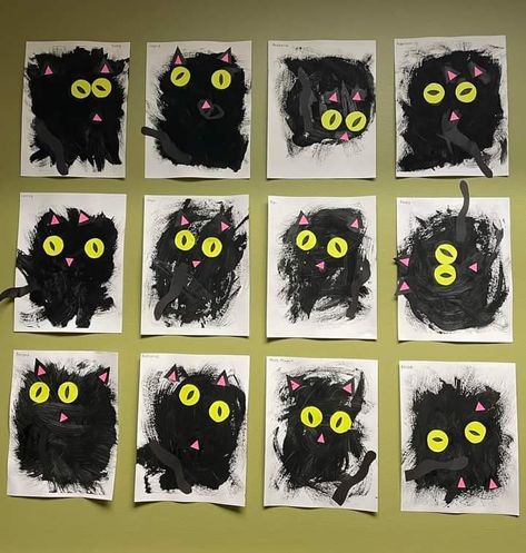 Kindergarden Painting Activities, Fall Art Classroom, October Art Projects For Kids Preschool, Halloween Artwork For Toddlers, Black Cat Crafts Toddlers, Kids Halloween Art Projects, Kindergarten Animal Art Projects, Toddler October Crafts, Halloween Craft Prek