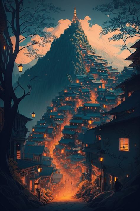 Hut Village Concept Art, Village Built Into Mountain, Volcano Village Fantasy Art, Fantasy Mountain City Concept Art, City Inside Mountain Concept Art, Mountain House Fantasy Art, Fantasy Fire Kingdom Aesthetic, Mountain Town Fantasy Art, Fantasy Location Inspiration