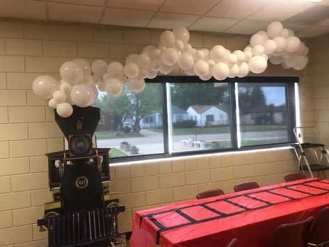 Christmas Polar Express Decorations, Train Parade Float Ideas, Polar Express Entrance, Polar Express Balloons, The Polar Express Classroom Door, Polar Express Train Door Decorations, Train Float For Parade, Polar Express Theme Activities, Polar Express Ticket Booth Diy