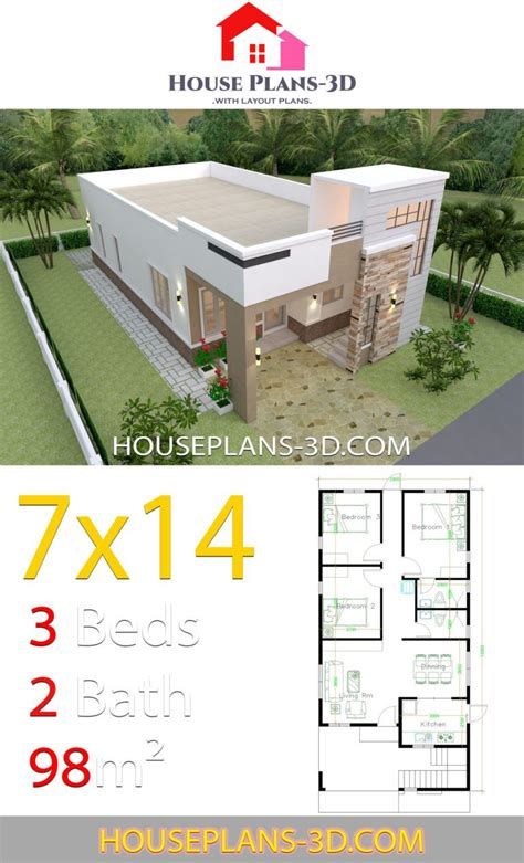 House Design 7x10 With 3 Bedrooms Terrace Roof - House House Plans 3d, Terrace Roof, Singapore Map, Three Bedroom House Plan, Flat Roof House, Pelan Rumah, 3d House Plans, Roof House, Duplex House Plans